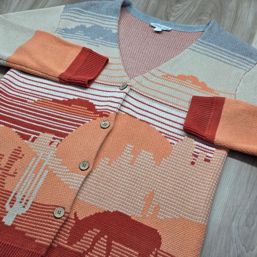 Coldwater Creek Cardigan Southwest Desert Sunset Cactus Knit Sweater M‎ Womens